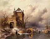 Charles Henri Joseph Leickert Famous Paintings - Skaters on a Frozen Lake by the Ruins of a Castle